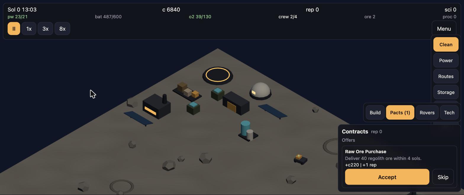 The contracts panel with an offer to deliver forty regolith ore within four sols for 220 credits.