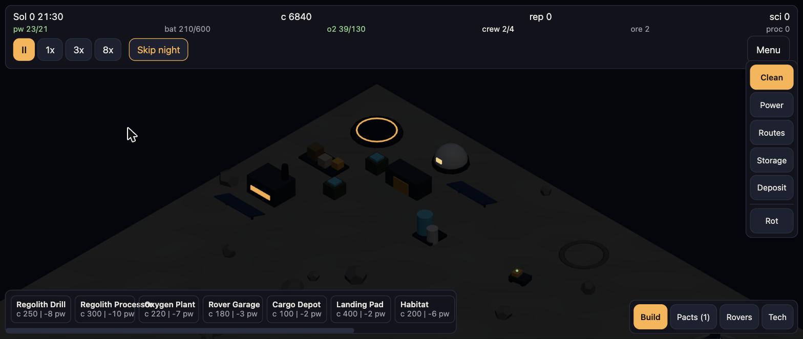 The same outpost at half past nine at night, with a Skip night button in the heads up display.