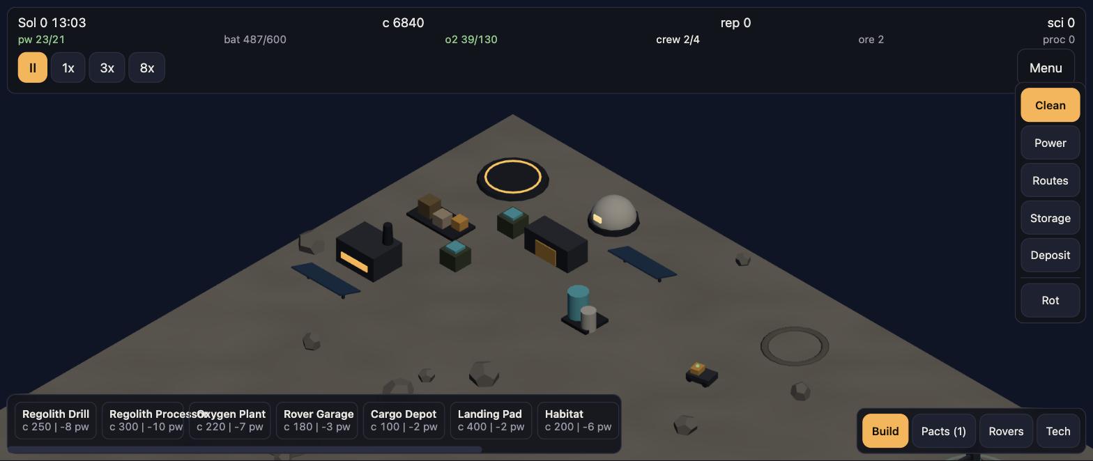 An isometric lunar outpost at midday: landing pad, cargo depot, regolith processor, battery banks, rover garage, habitat dome, two solar arrays and an oxygen plant, with a loaded rover crossing the regolith.